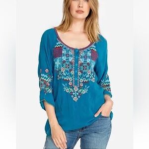 Johnny Was Embroidered Muna Tunic Georgette Blouse  in Turquoise, Size Large